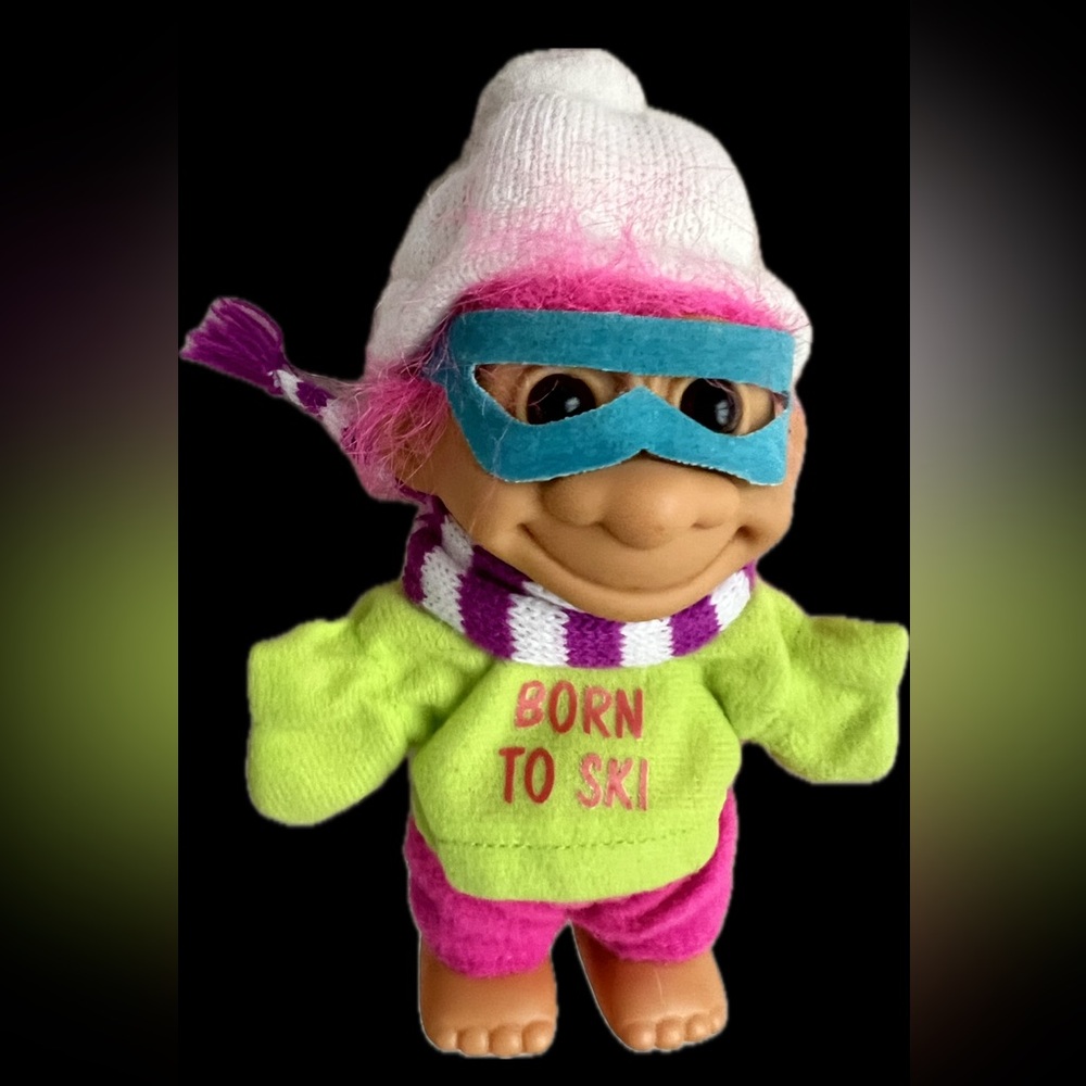 🎿Vintage Russ Berrie Troll Doll Born to Ski Pink Hair 1990s Skier Goggles 5”